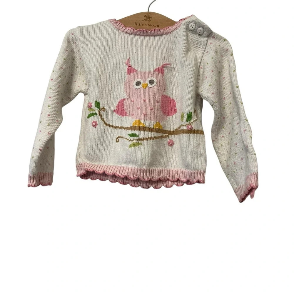 Zubels girls white pink owl sweater shoulder buttons sz 24m 2T